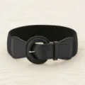 Elegant wide black elastic waist belt featuring a large round buckle detail for women - 70x6cm / Black