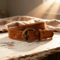 Close-up view of a brown suede leather belt with antique brass round buckle on distressed wood. - 118*2.8cm / Camel