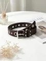 Dark brown punk grommet belt with silver metal buckle, versatile leather accessory for women. - Coffee
