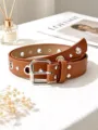 Brown punk style double grommet leather belt with silver square buckle close up view - Brown