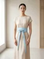 Elegant light blue wide obi belt with French bow tie design for women's dresses - Blue