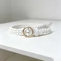 White braided belt for women with stylish round gold buckle casual dress jeans accessory - White