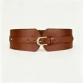 Vintage wide brown cinch belt with a gold horseshoe buckle and precision stitching - Brown