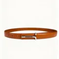 Women's slim leather belt with modern metal buckle for dresses and casual wear detail view - Orange Silver Buckle