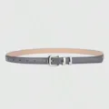 Detailed shot of a sleek grey thin leather belt featuring a polished silver-tone buckle. - Gray