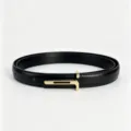 Minimalist women's black leather belt with gold tone T buckle for chic daily wear. - 100cm / Black Gold Clasp