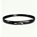 Minimalist black leather belt detail, sleek silver metal smooth buckle, elegant accessory. - 100cm / Black Silver Clasp