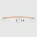 Close-up view of a minimalist white women's thin leather belt featuring a sleek silver buckle. - White