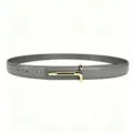 Detailed shot of minimalist gray leather belt with elegant gold metal buckle for women - Grey With Gold Buckle
