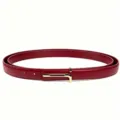 Minimalist red leather thin belt with gold smooth metal buckle for women dress and suit. - Burgundy with Gold Buckle
