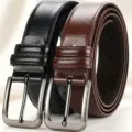 Detailed view of men's leather belt, classic pin buckle design, black and brown options. - Black And Coffee