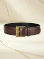 Close-up detail of the dark brown leather belt featuring an antique brass square pin buckle. - 102*5.8cm / Coffee