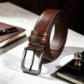 Detailed shot of a brown men's leather belt with a sleek metal pin buckle on marble tabletop. - Coffee
