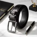 Men black leather belt with silver pin buckle business casual style for men daily wear - Black
