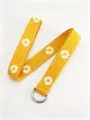 Daisy embroidered canvas belt detail showing white floral pattern and metal double D ring buckle. - Yellow