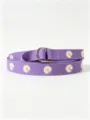 Purple canvas belt with white daisy embroidery and double D-ring metal buckle for women. - Purple