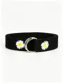 Black canvas belt featuring cute white daisy embroidery and a stylish silver double D-ring buckle. - Black