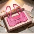 Chic pink punk style strap corset belt with metal buckles in a premium gift box. - Pink