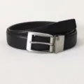 Close-up of a classic men's black leather belt featuring a sleek silver metal pin buckle - 110cm / Black
