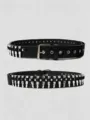 Gothic punk black PU leather belt featuring striking silver metal bullet studs and eyelets. - Bullet Rivets / Black
