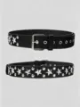 Detailed view of black PU leather gothic punk belt with silver star studs and metal eyelets. - Large Star Rivet / Black