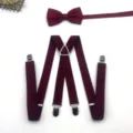 Wine red men's suspender and bow tie set detail view, elastic Y-back trouser straps. - Burgundy