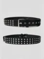 Close-up detail of the black PU leather punk rock rivet belt showing metal studs and buckle. - Pyramid Rivet / Black