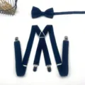Men navy blue suspender bow tie set Y-back elastic braces with metal clips detail. - Navy Blue