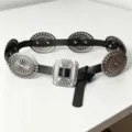Western style vintage black leather belt with ornate silver carved metal concho plates - Black