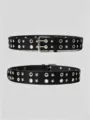 Close-up of black PU leather double grommet belt with star studs and metal buckle. - Small Star Rivet / Black