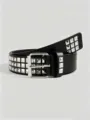 Gothic punk style black PU leather belt with silver square metal pyramid studs detailed view. - Square Bead Rivet / Black