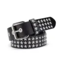 Close-up detail of punk style black PU belt with silver star-shaped rivets decoration - 105cm / Star Rivet Style (MY8267-B)