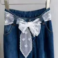 White lace ribbon waist belt with embroidered mesh design, perfect denim jeans accessory. - White with Bowknot
