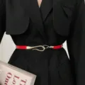 Women's red PU thin belt with retro alloy hook buckle, versatile commuting style slimming waist acc. - Red Gold Clasp
