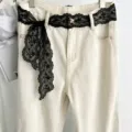 Women lace tie belt denim jeans waist cincher vintage floral embroidery ribbon apparel - Black Wavy Flower