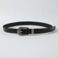 Women Vintage Black Leather Belt with Silver Carved Buckle Western Style Waistband - Black