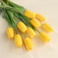 Yellow artificial tulip bouquet faux flowers with stems for home table decor variant - 10 Stems Upgraded Yellow Tulips