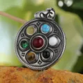 Close-up of vintage Tibetan style titanium steel lotus pendant with seven colorful stones. - Pendant Only (No Chain) / Steel