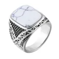 Vintage stainless steel ring with square white turquoise gemstone and ornate patterns - US 7 / Steel Color White Stone