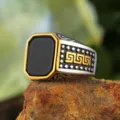 Vintage men's gold titanium steel ring with black rectangular gemstone and Greek key pattern - Size 7 / Two-tone (Gold & Silver)
