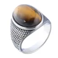 Vintage silver titanium steel ring featuring an oval tiger's eye stone for men - Size 7 / Tiger Eye