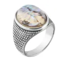Vintage titanium steel ring for men with oval abalone shell inlay and textured band - Size 7 / Colorful Zirconia
