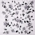 Detail view of elegant black and white floral pattern on a 90cm silk-like square scarf - 90x90cm / Black