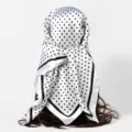 Back view of 90cm white satin square scarf with black polka dots worn as a bandana - 90x90cm / S Polka Dot-White