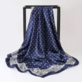 Navy blue polka dot satin square scarf with paisley border detail, 90cm large size. - 90x90cm / K136-Navy Blue