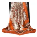 Elegant 90cm orange floral silk-like square scarf with intricate scroll patterns - Khaki Floral / 90x90cm