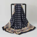 Elegant navy blue satin square scarf featuring white polka dots and zebra pattern - 90x90cm / K114-Navy Blue
