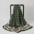 Premium 90cm dark green satin silk scarf with white polka dots and geometric border - 90x90cm / K114-Green