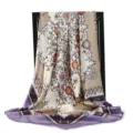 Elegant 90cm floral print imitation silk square scarf with purple border for women's hijab - Purple Floral / 90x90cm