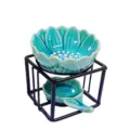 Quemador de aceite de cerámica en forma de loto con soporte de metal negro decorativo - Azul